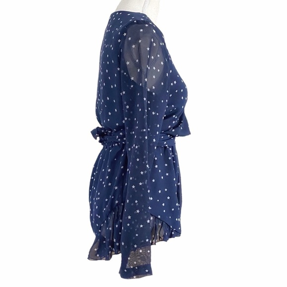 LIONESS NAVY WHITE STAR PRINT FRONT TIE LONG SLEEVE CHIFFON RUFFLE ROMPER - XS - Picture 3 of 11